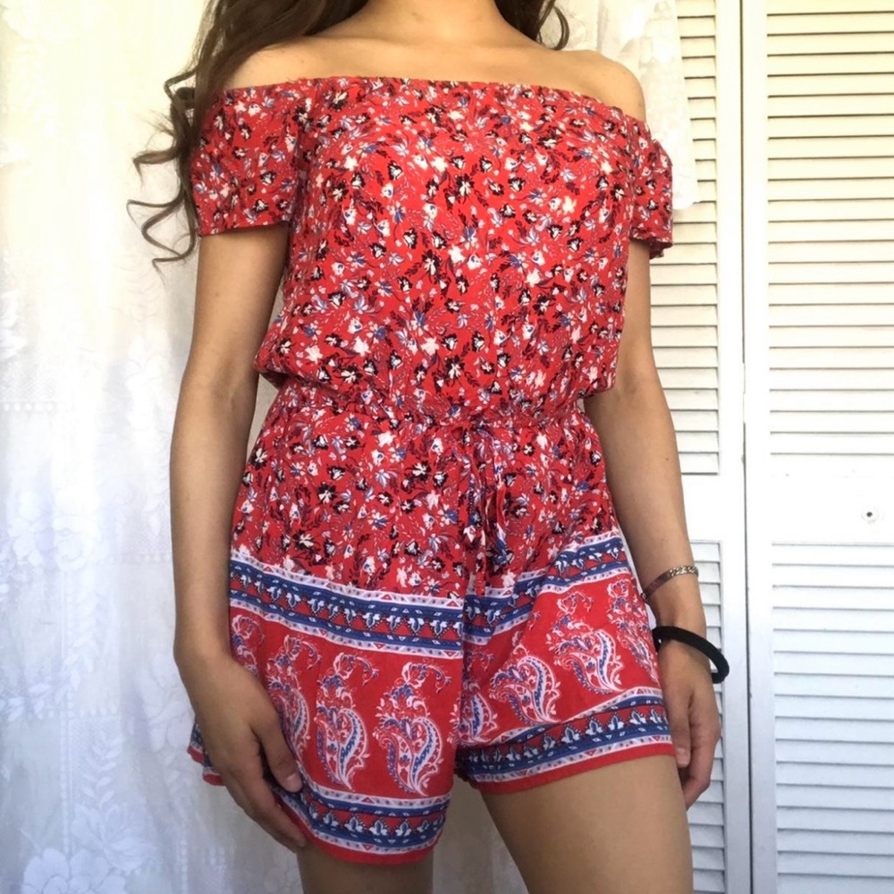 Charlotte Russe Off-Shoulder Red Floral Romper - Size Small